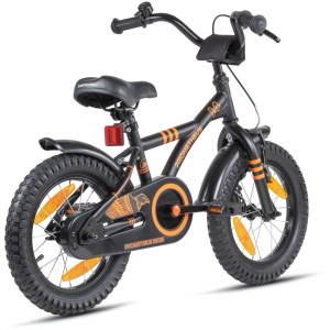 Schwarzes PROMETHEUS Kinderfahrrad 14 Zoll mit Stützrädern und Rücktrittbremse.