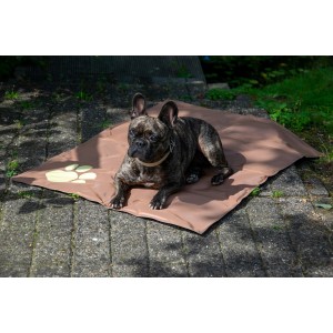 Braune Kühlmatte für Hunde (99,5x70cm) mit Pfotenmuster, Hund liegt entspannt darauf.