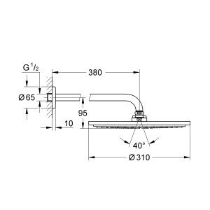 Technische Zeichnung: Grohe Rainshower Cosmopolitan 310 Kopfbrause Set mit Brausearm (380mm), Maße und Details.