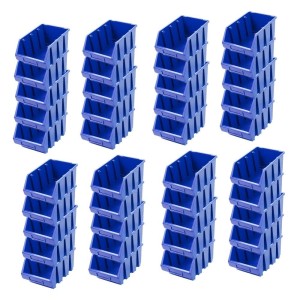 Blaues PROREGAL SuperSparSet mit 40 Sichtlagerboxen aus Polypropylen, ideal für Aufbewahrungssysteme.