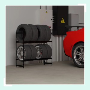 Schwarzes Stahl Reifenregal für 8 Reifen in Garage. Höhenverstellbares Stecksystem für Winter- & Sommerreifen.