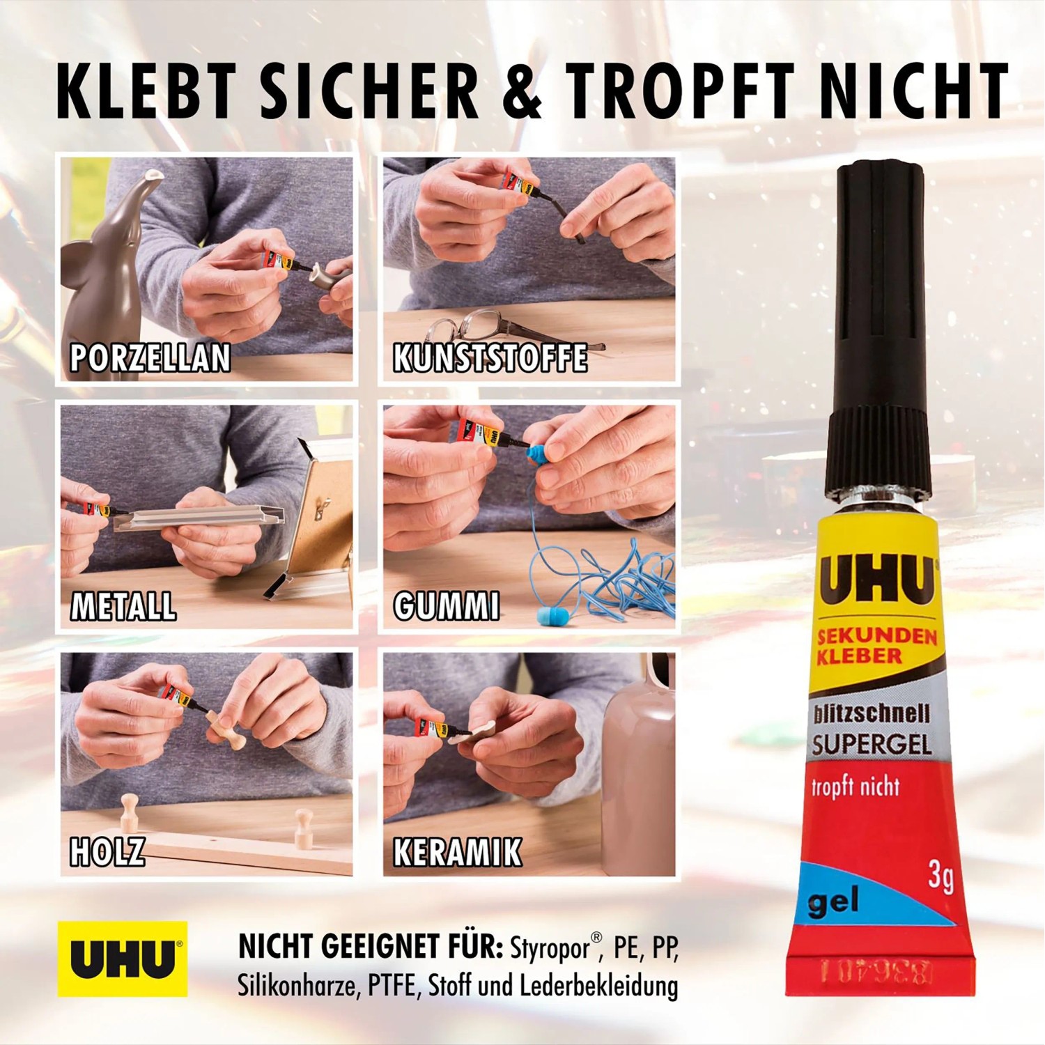 Uhu Sekundenkleber Supergel 3g: Gelartiger Kleber für Porzellan, Kunststoff, Metall, Gummi, Holz und Keramik.