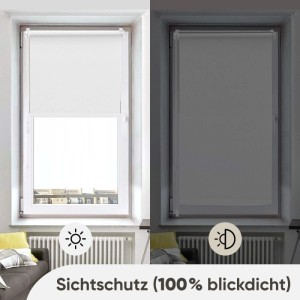 Weißes Verdunkelungsrollo mit Klemmfix-Montage, halb geöffnet und geschlossen, demonstriert Lichtregulierung und Sichtschutz.