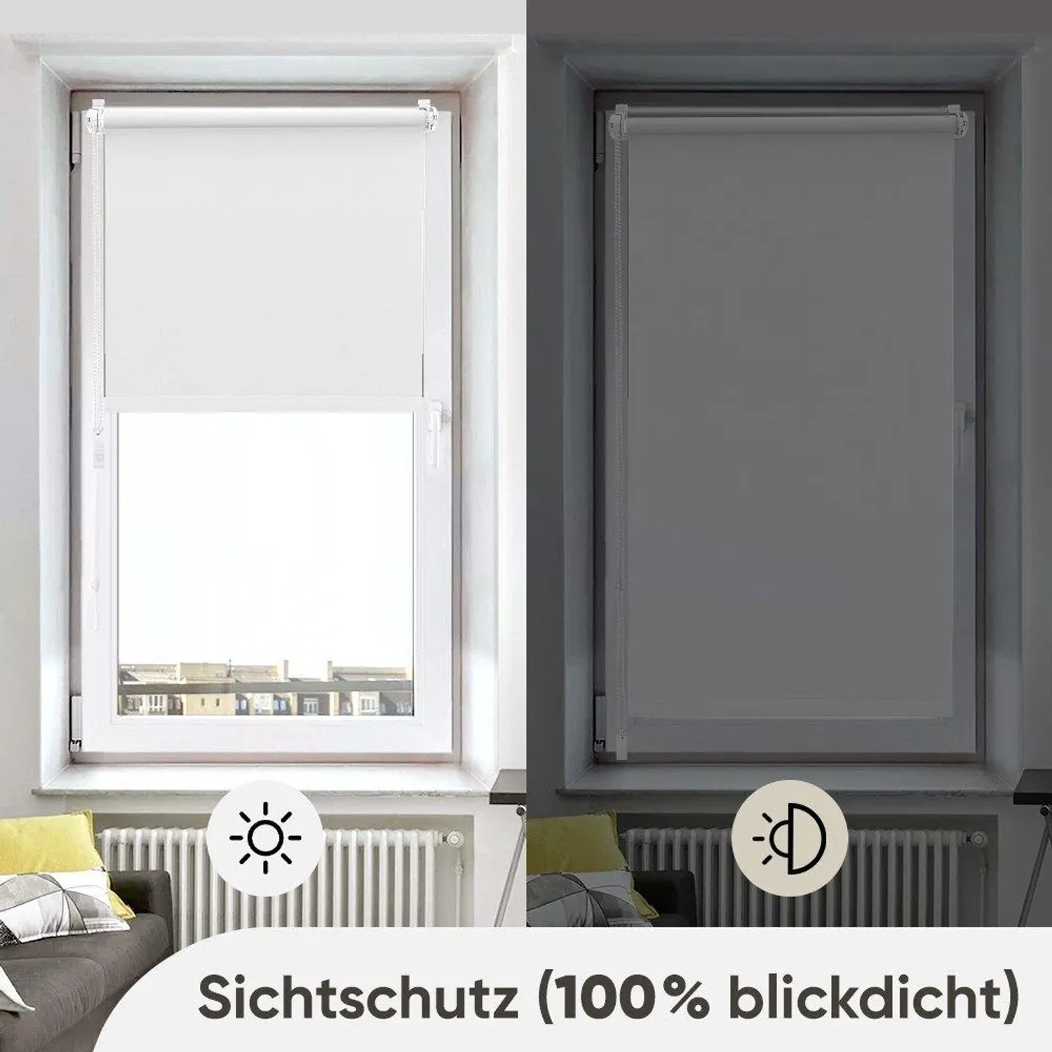 Weißes Verdunkelungsrollo mit Klemmfix-Montage, halb geöffnet und geschlossen, demonstriert Lichtregulierung und Sichtschutz.