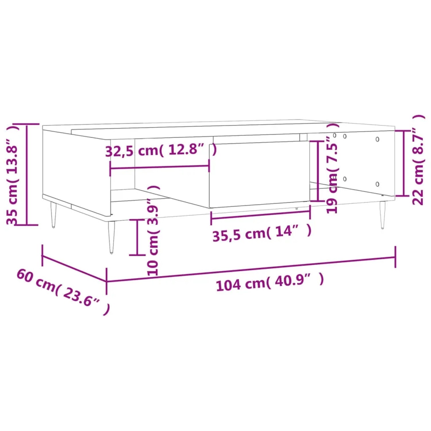 vidaXL Couchtisch Grau Sonoma, 104x60x35 cm, Holzwerkstoff, Modell 3 mit Maßangaben.