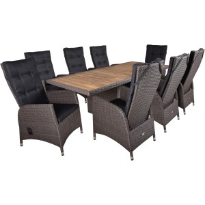 7-teiliges Gartenmöbel-Set Braga in Weidengrau mit Tisch und Stühlen mit schwarzen Auflagen.