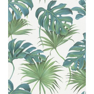 Schöner Wohnen Vliestapete Floral Weiß Grün mit tropischen Blättern.