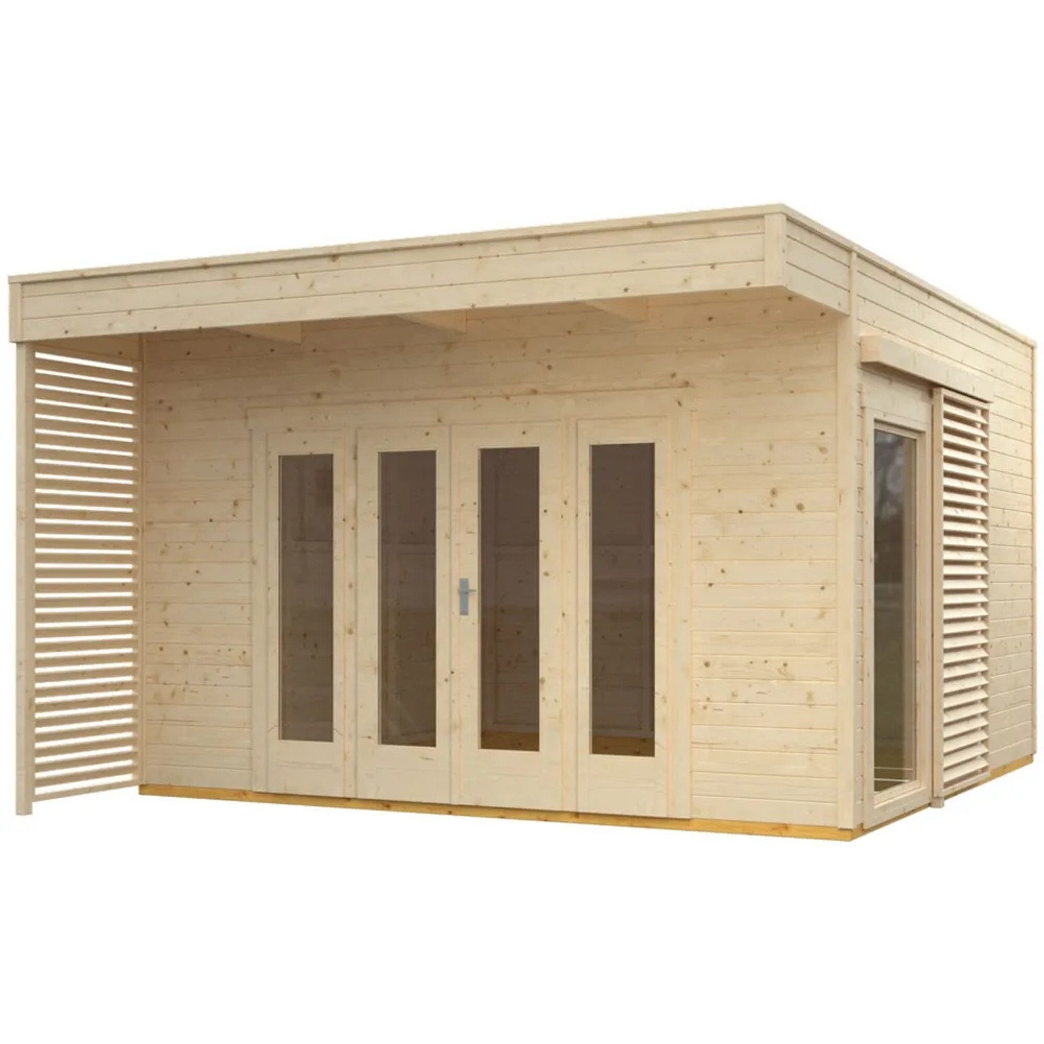 Skan Holz Gartenhaus Tokio 4, naturbelassen, 402x402 cm. Holz-Gartenhaus mit Flachdach und Doppeltür.