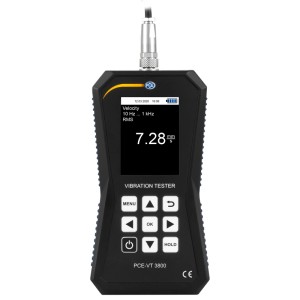 PCE Instruments VT 3800 Schwingungsmessgerät mit Display und Sensor für Prüfwerkzeuge.
