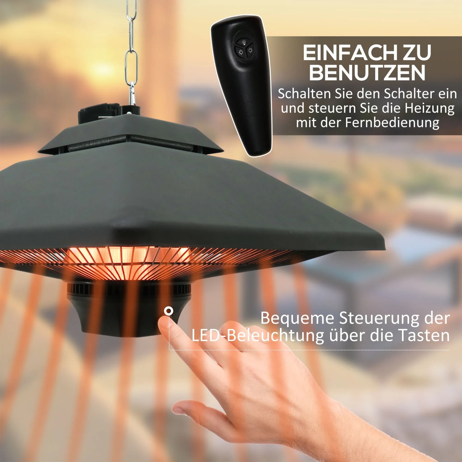 Outsunny Terrassenstrahler mit LED und Fernbedienung, hängend. Heizstrahler für Terrasse mit Licht.