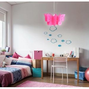 Pinke Näve Pendelleuchte Kizi im Kinderzimmer. Schmetterlingsdesign.