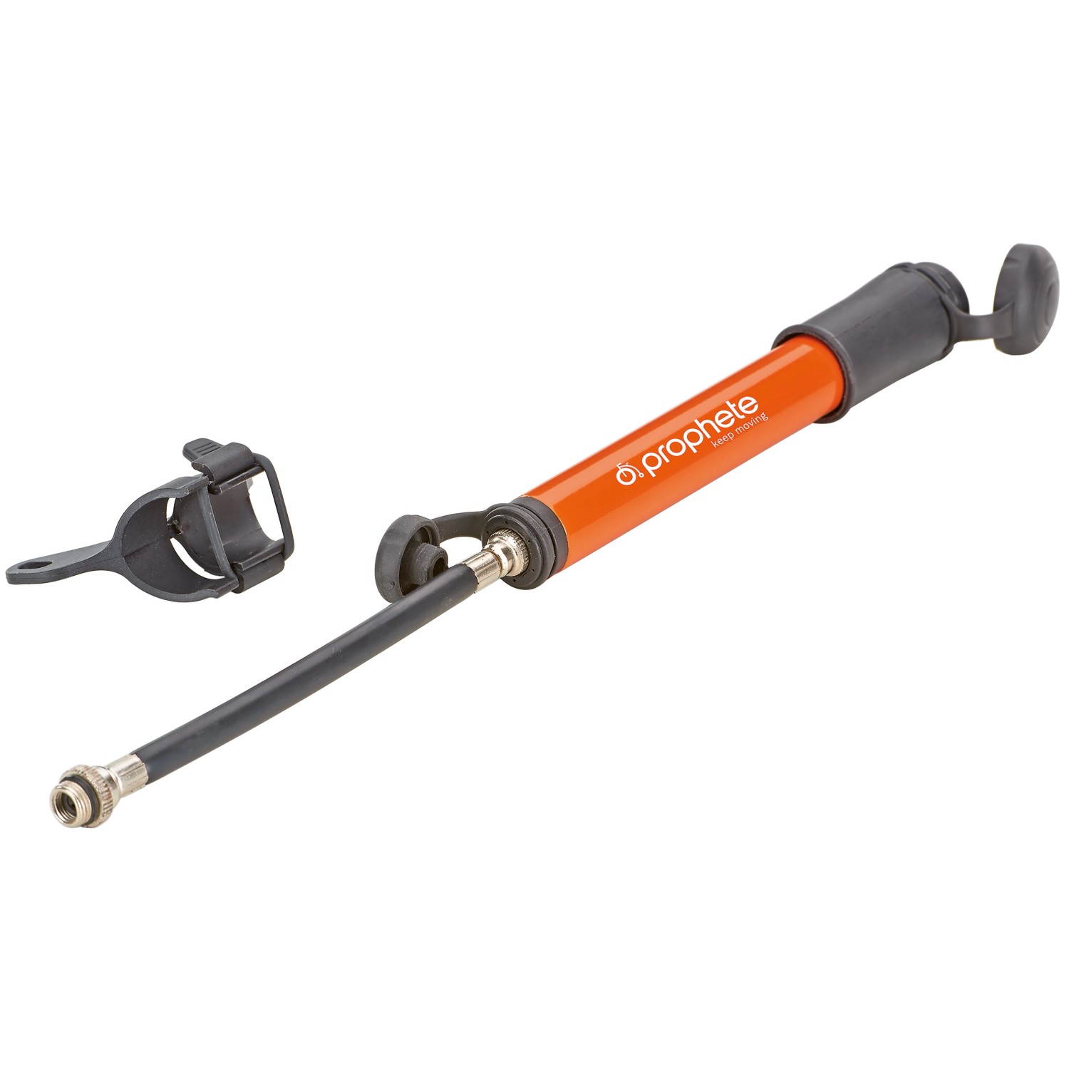 Orange Prophete Mini-Luftpumpe mit Halterung für Fahrradreifen.