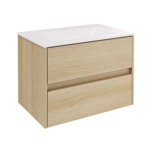 Fackelmann Waschtisch-Set Compact Line, 71 cm, Eiche Dekor mit 2 Schubladen und weißem Waschbecken.