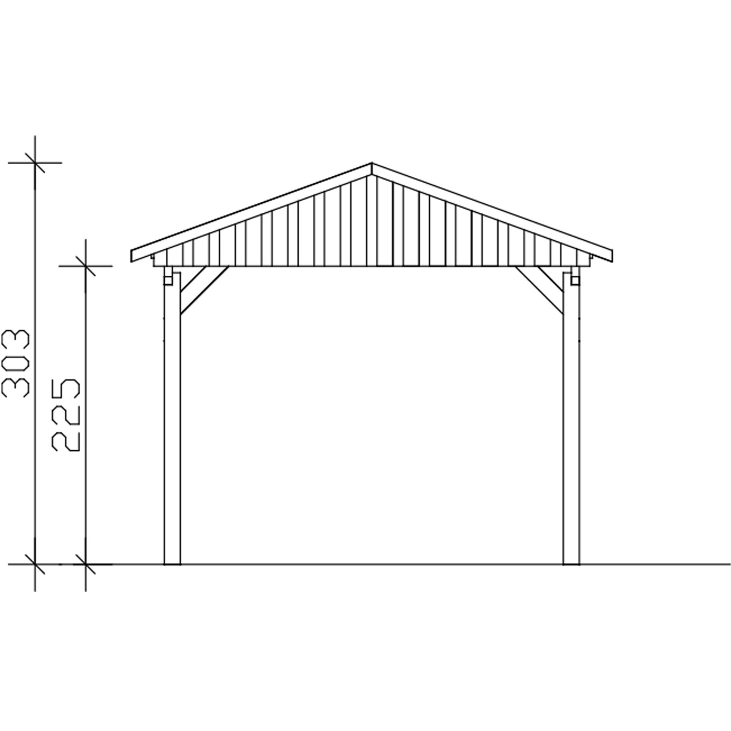 Skizze Carport Fichtelberg, 317x808 cm, Eiche hell, schwarze Schindeln, Seitenansicht mit Höhenangaben.
