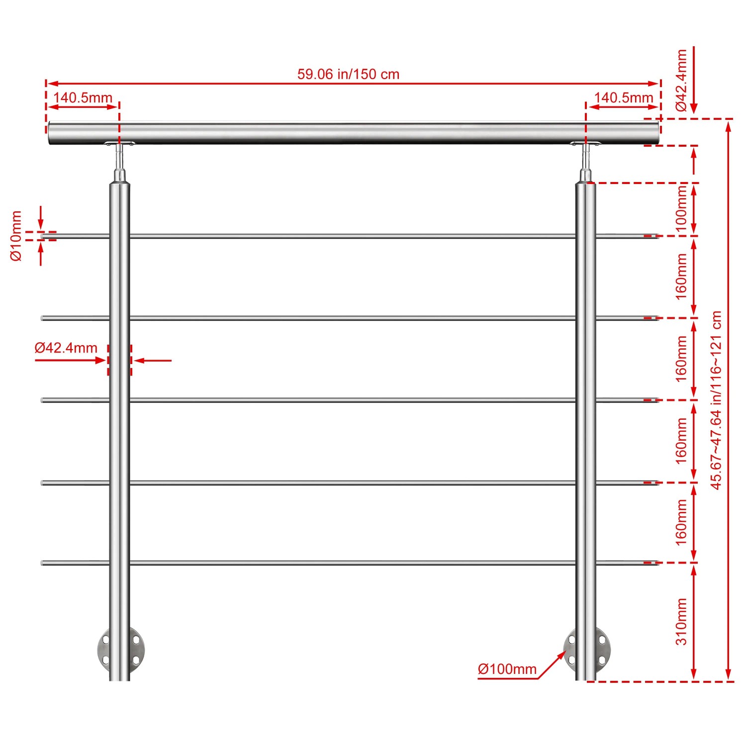 AICA 304 Edelstahl Treppengeländer Set Seitenmontage 150 cm Länge 5 Querstreben_2