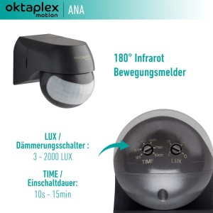 Oktaplex Ana Bewegungsmelder, 180° Erfassung, 12m Reichweite, anthrazit, für den Außenbereich.