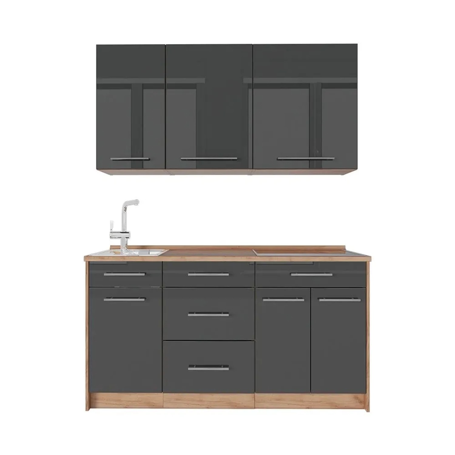 Vicco Singleküche Fame-Line Anthrazit Hochglanz/Goldkraft Eiche 150 x 82 AP Eiche Art Nr 64780