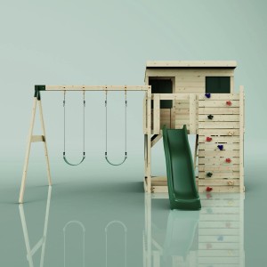 PolarPlay Spielturm Nils mit Schaukel, Rutsche und Kletterwand aus Holz.