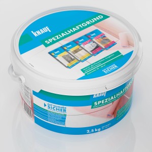 Eimer Knauf Spezialhaftgrund 2,5 kg für glatte Untergründe und Fliesenkleber.