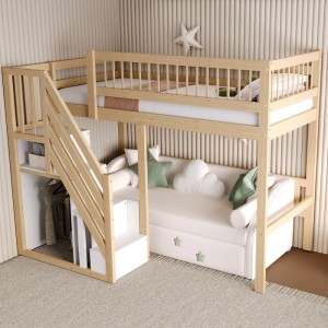Merax Massivholzbett 90x200cm, holzfarben, mit Treppe, Stauraum und weißem Sofa. Hochbett für Kinder.