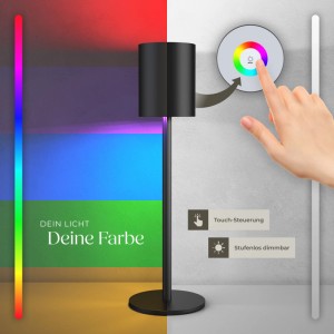 Moderne, dimmbare Tectake Akku Tischlampe Corly mit RGB-Farbwechsel, Touch-Bedienung, schwarz.