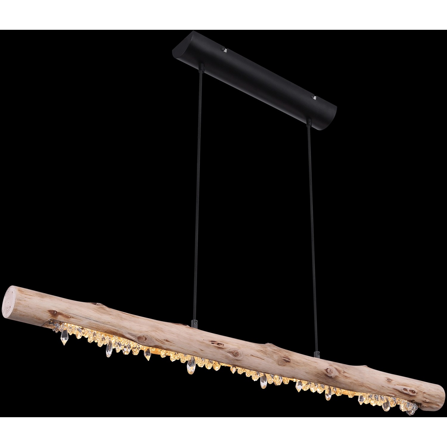 Moderne LED-Pendelleuchte Felicitas mit Holzbalken und Acrylkristallen in Natur-Schwarz.