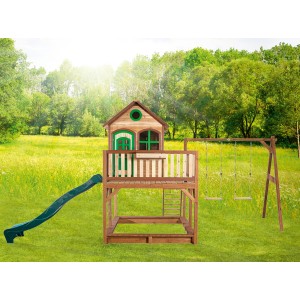 Axi Liam Spielhaus mit Doppelschaukel und grüner Rutsche im Garten.