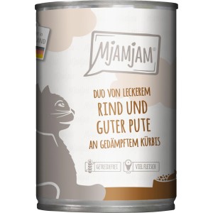 MjAMjAM Katzen-Nassfutter Duo Rind & Pute mit Kürbis, getreidefrei im 400g Napf.