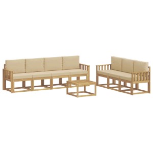 7-tlg. vidaXL Outdoor-Sofagarnitur aus Akazienholz mit beigen Kissen und Couchtisch für Garten & Terrasse.