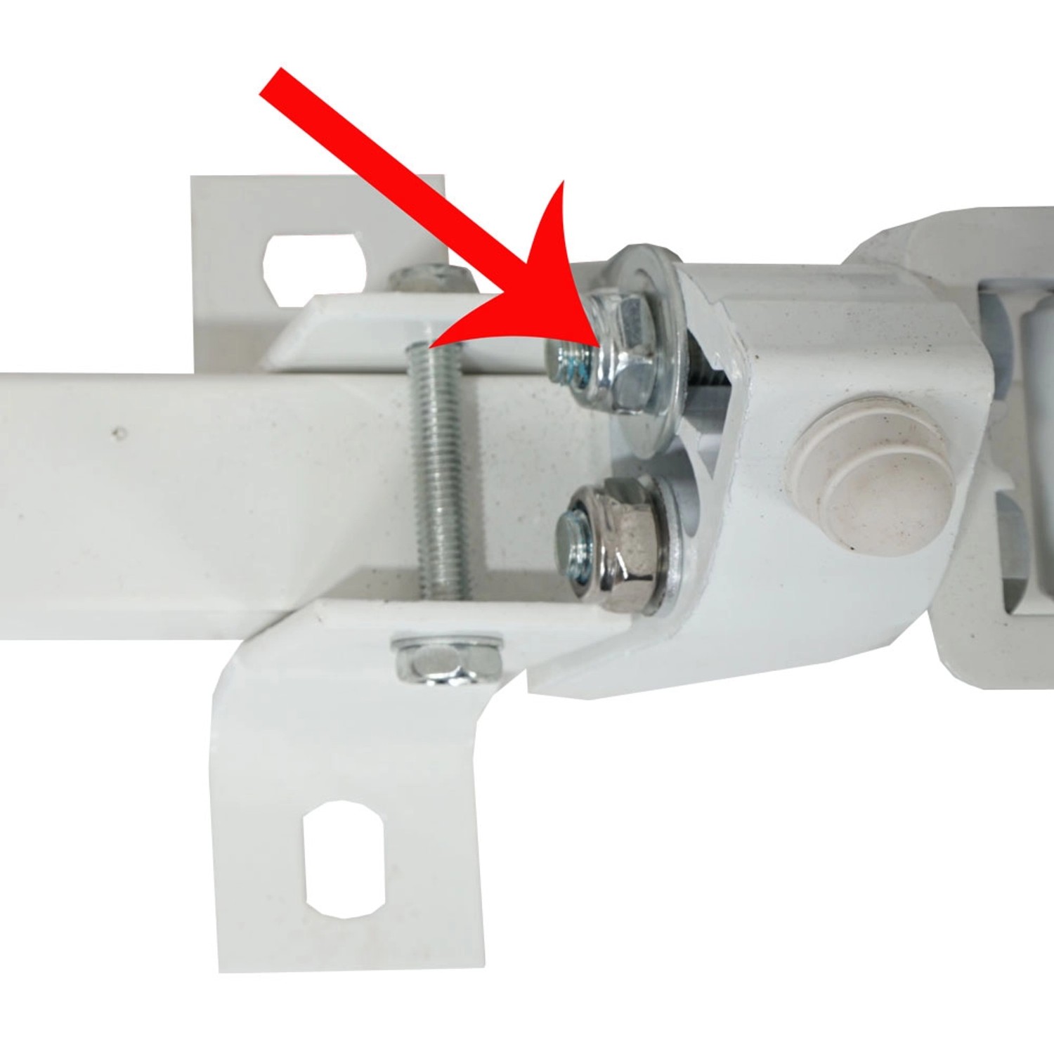 Detailaufnahme der Befestigung einer MCW Alu-Markise, Fokus auf Schrauben und Halterung.
