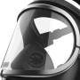 Schwarze Dräger X-plore Gasmaske mit klarem Triplex-Visier und silbernem Rahmen. Atemschutz für Gase & Partikel.