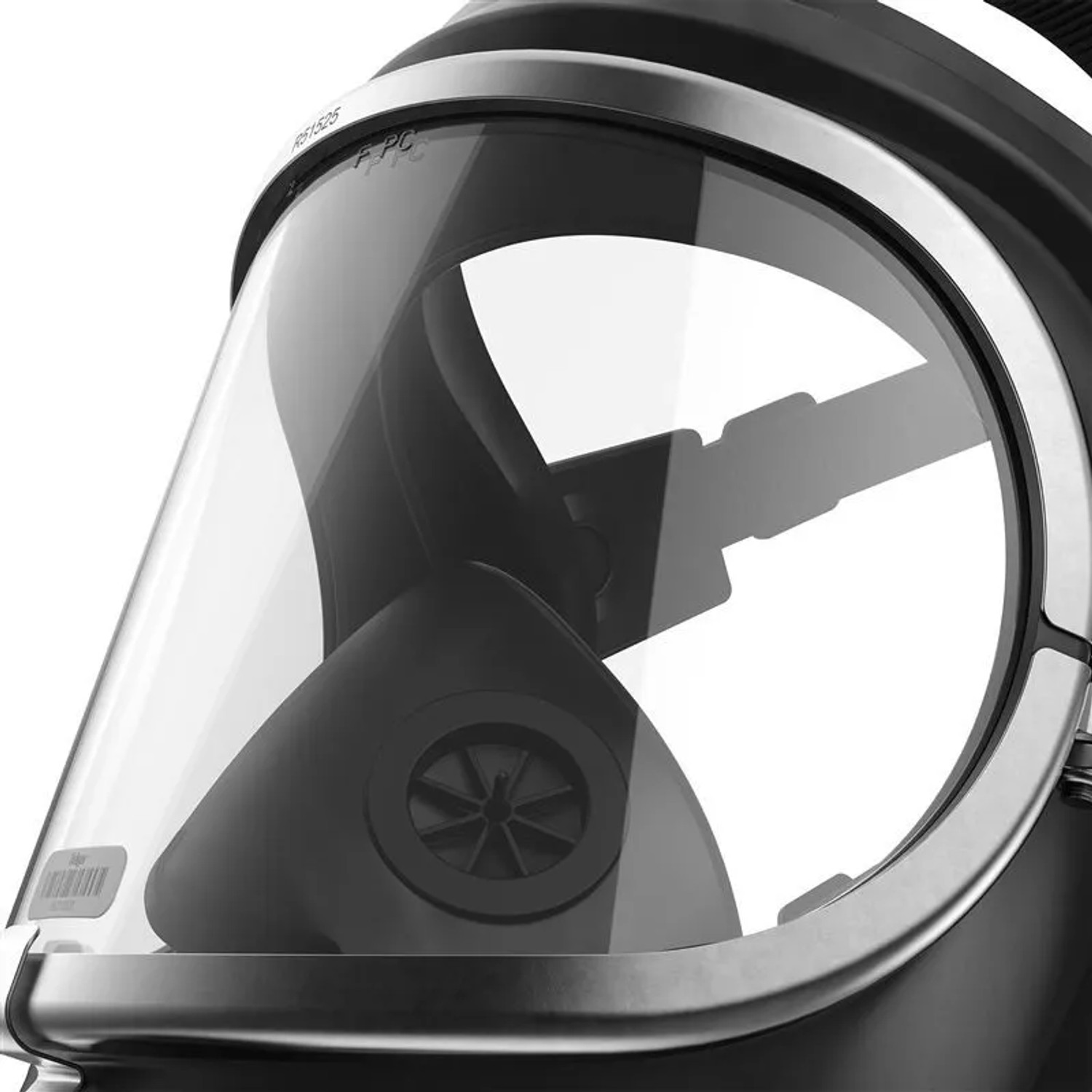 Schwarze Dräger X-plore Gasmaske mit klarem Triplex-Visier und silbernem Rahmen. Atemschutz für Gase & Partikel.