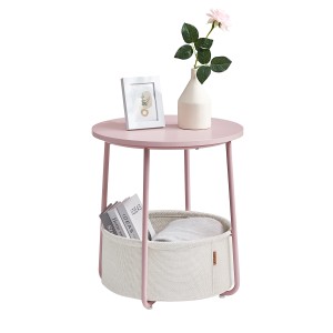 Rosa-weißer Vasagle Beistelltisch mit Stoffkorb, ideal als Nachttisch oder kleiner Couchtisch.