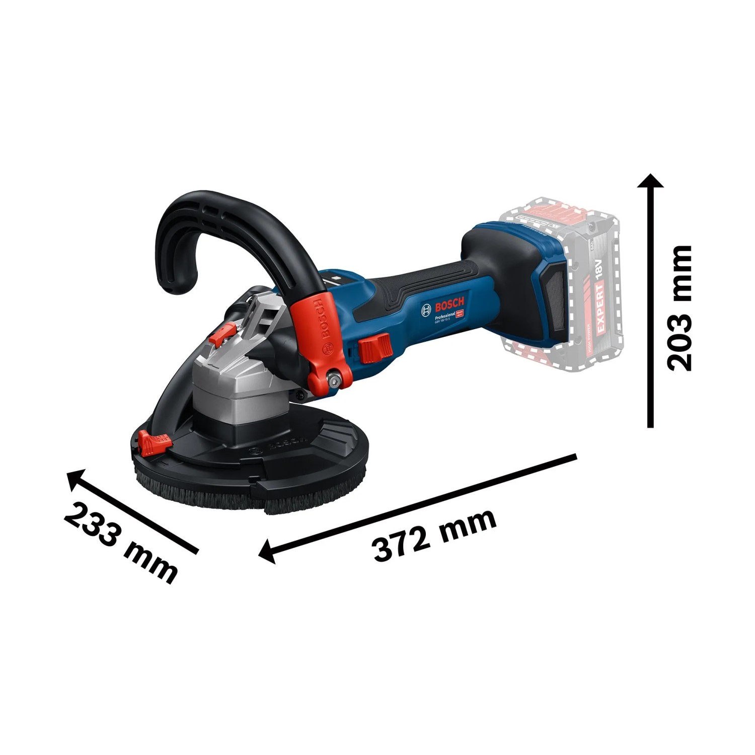 Bosch Professional GBR 18V-15 S Akku-Betonschleifer mit Abmessungen.