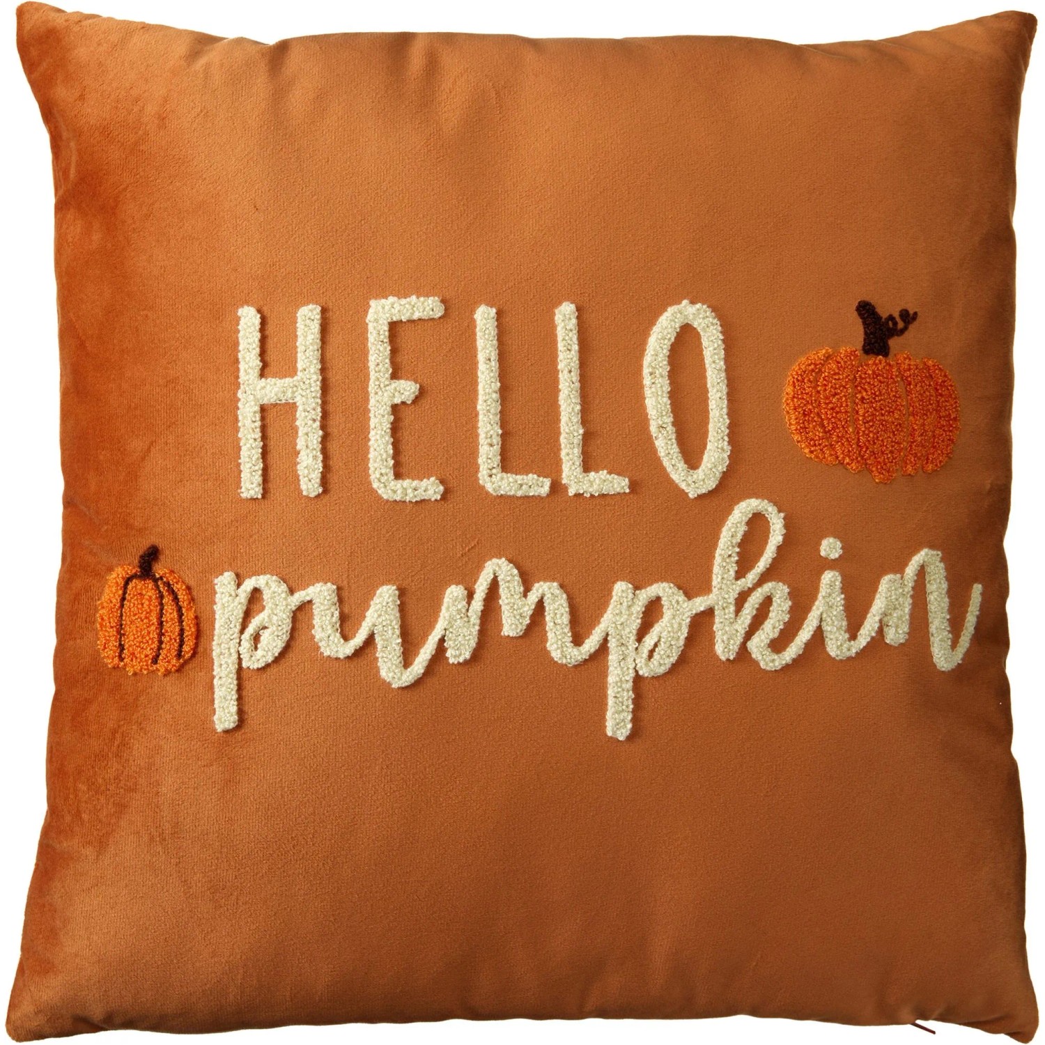 Orangefarbenes Samt-Kissen 45x45 cm mit gesticktem "HELLO pumpkin" Schriftzug und Kürbissen. Ideal für Herbstdekoration.