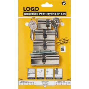 Logo Türzylinder-Set mit 4 Profilzylindern, Schrauben und 6 Schlüsseln auf gelber Verpackung.