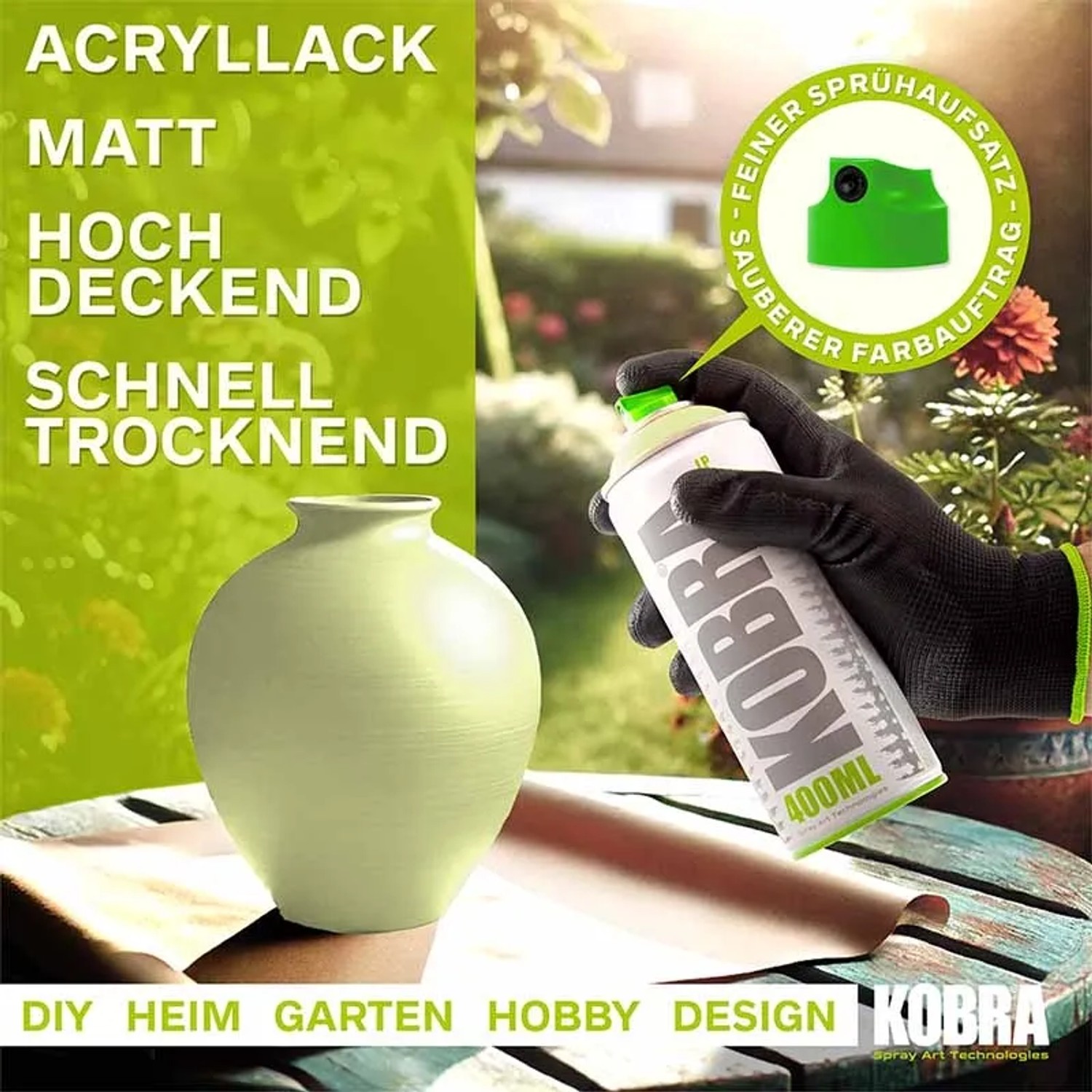Kobra LP Buntlack Spray Pastell Limettengrün Matt 400ml Dose mit Farbergebnis auf Vase.
