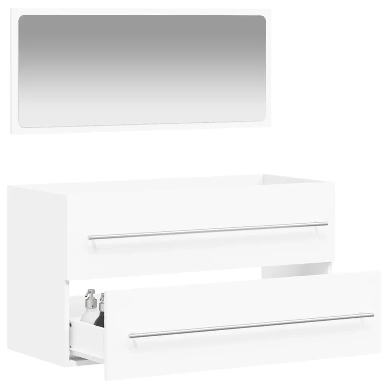 Weißes vidaXL Badmöbel-Set Modell 2: Badschrank mit Spiegel, Schubladen mit Griffen.