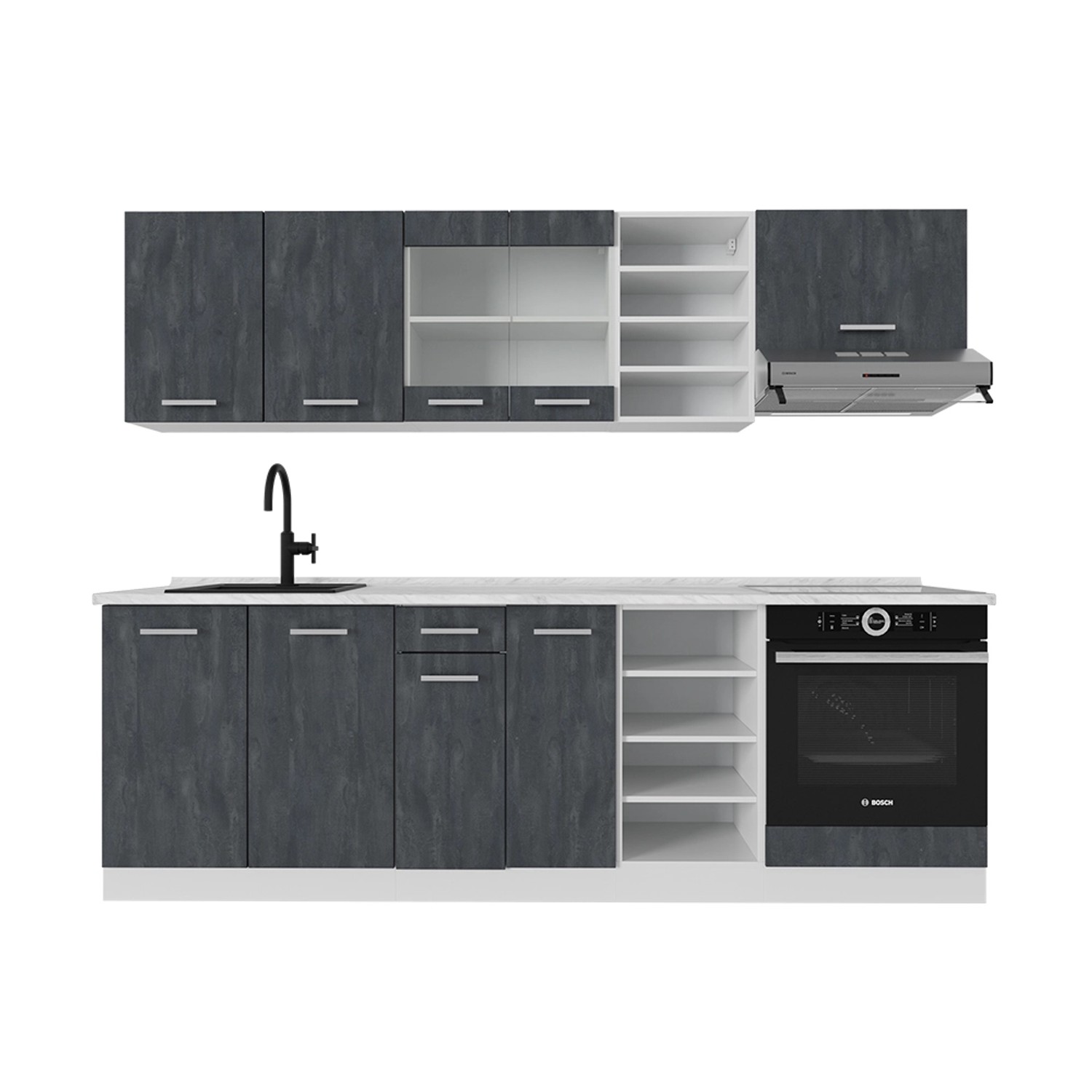 Vicco R-Line Komplettküche Schwarz Beton/Weiß 240 cm AP Marmor günstig online kaufen