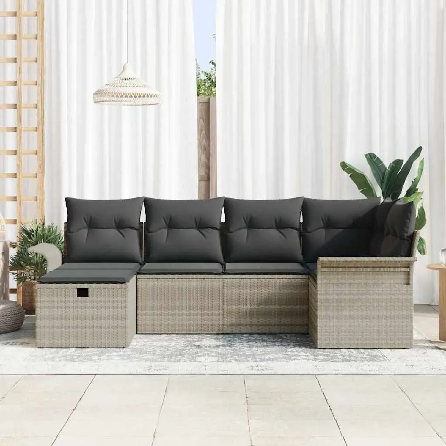 Hellgraues 6-tlg. vidaXL Garten-Sofa-Set aus Poly Rattan mit grauen Kissen.