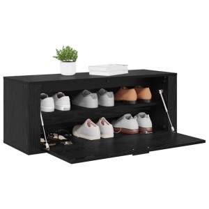 vidaXL Schuhschrank in Schwarz Eichen-Optik mit zwei Regalen und geöffneter Tür.