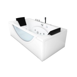 Weiße AcquaVapore Eck-Badewanne W81R-A 90x180 mit Radio, Armaturen und Nackenkissen.
