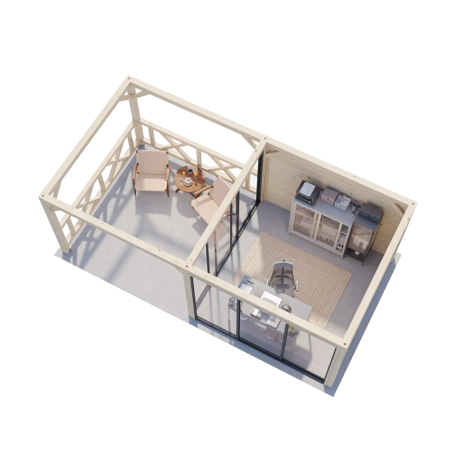 Palmako Pavillon Bianca Set, 588x300 cm, weiß lackiert. Weekendhaus mit Schiebetüren und Freisitz.
