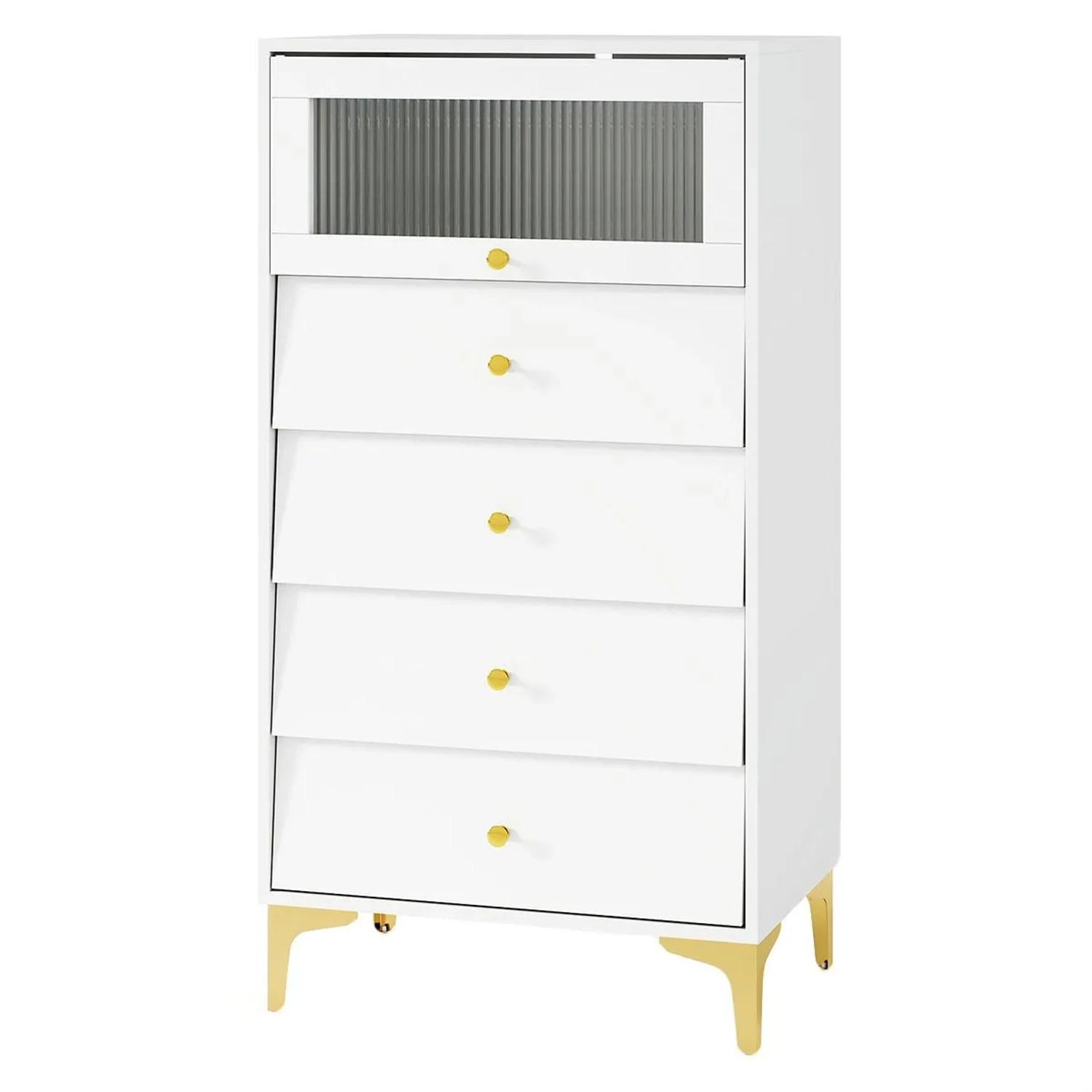 Costway Kommode 4 Schubladen Glastür Weiß Metallbeine