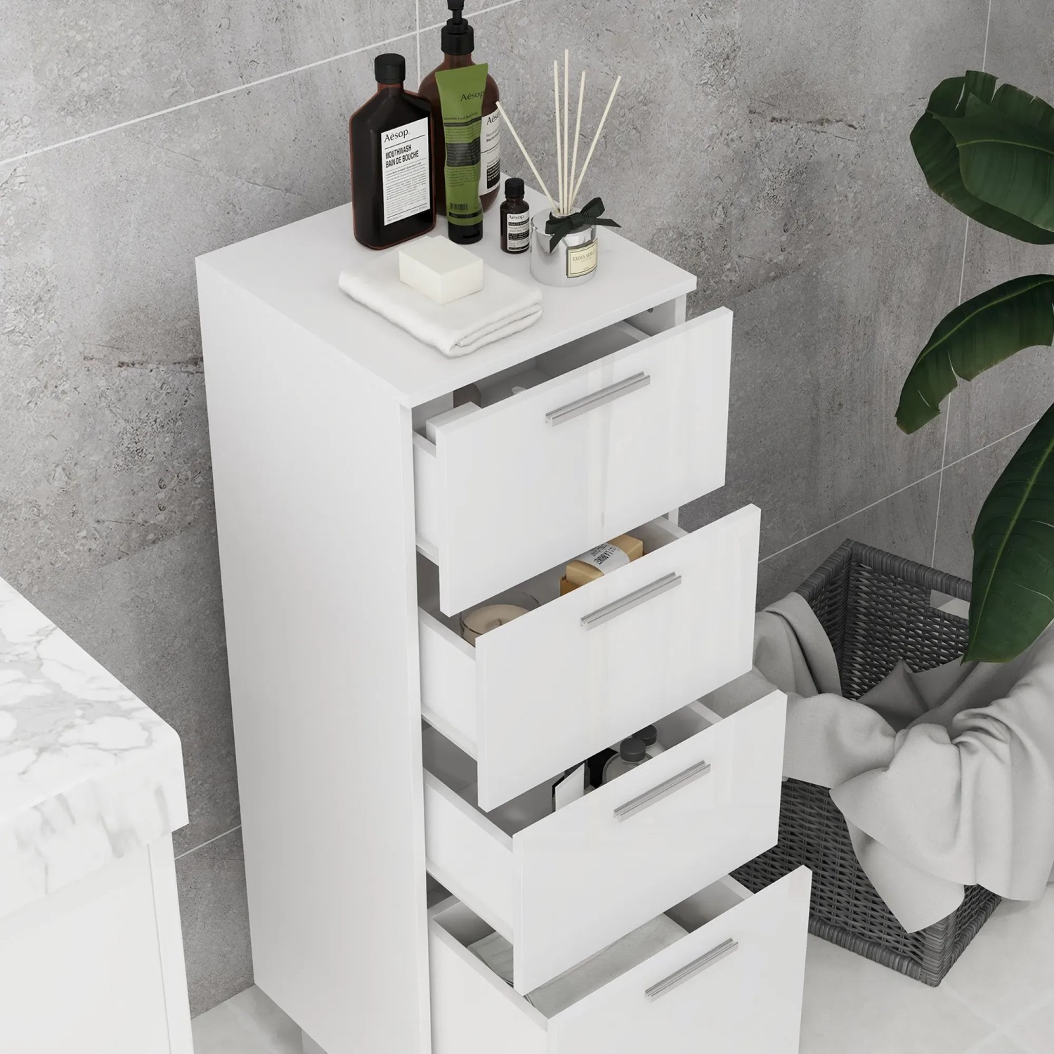 Weißer kleankin Badezimmerschrank mit vier Schubladen für Badartikel.