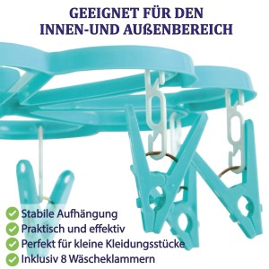 Türkisfarbene Bestlivings Mini-Wäschespinne mit 8 Klammern für Socken und kleine Wäschestücke.