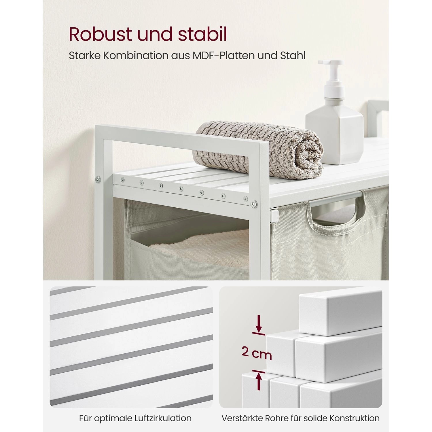 Weißer Vasagle Wäschekorb mit 2 Fächern (92 l) und Ablage für Bad oder Waschküche.