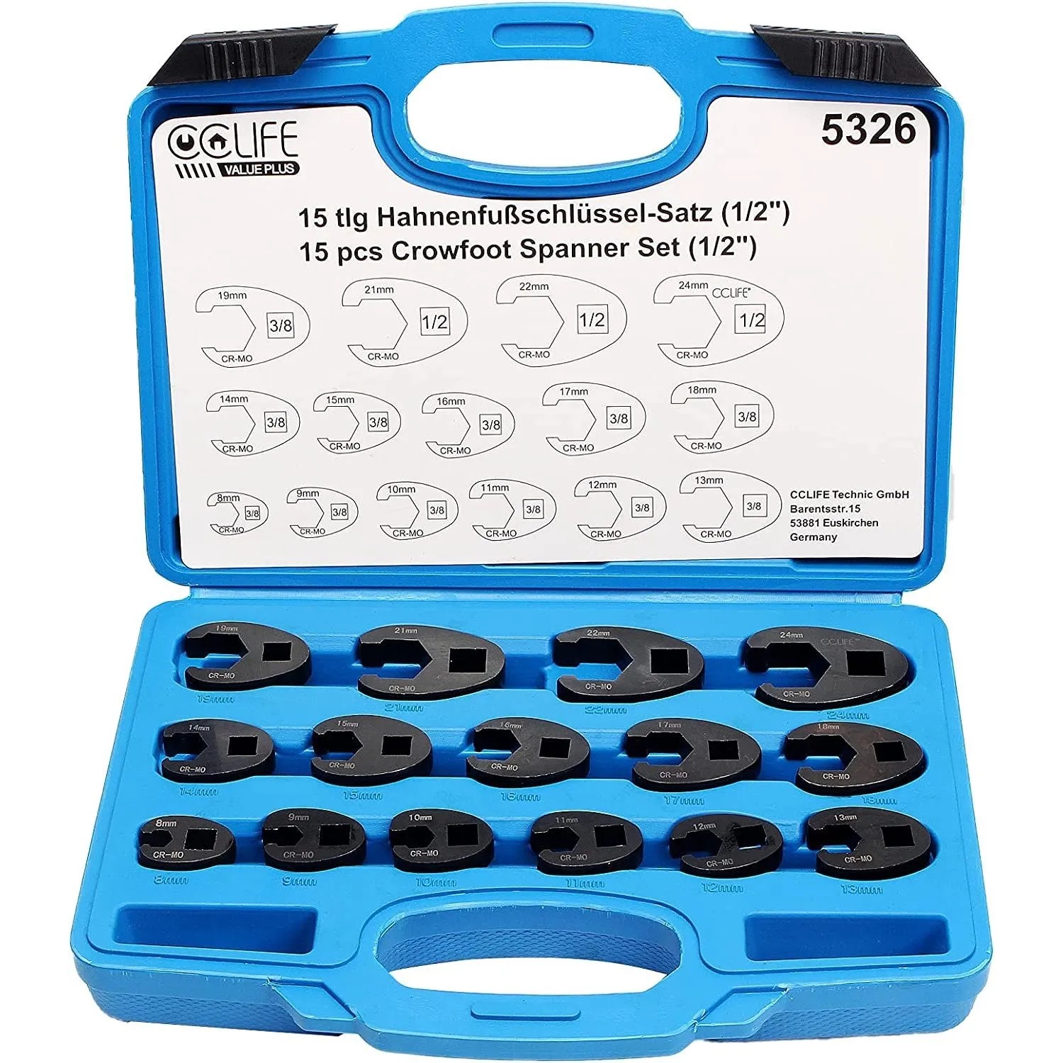 CCLIFE 15tlg Hahnenfußschlüssel Steckschlüssel Drehmoment 1/2'' 3/8'' Außenvierkantantrieb 8-24mm