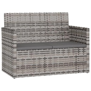 Graue VidaXL Gartenbank aus Polyrattan mit anthrazitfarbenen Kissen, 105 cm breit.