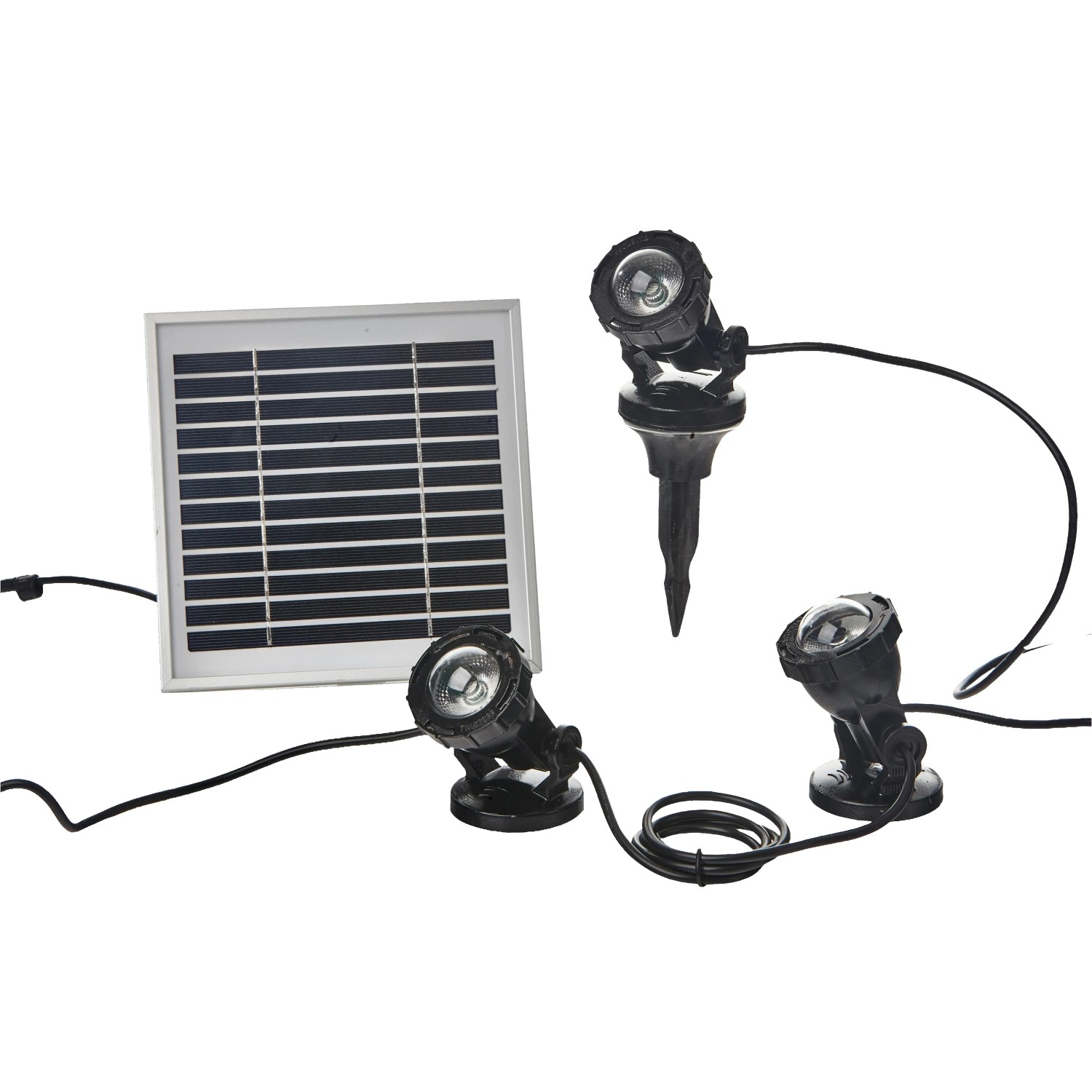 Heissner Solar Teichbeleuchtung Set mit 3 Spots, Erdspießen und Solarpanel für Garten und Teich.